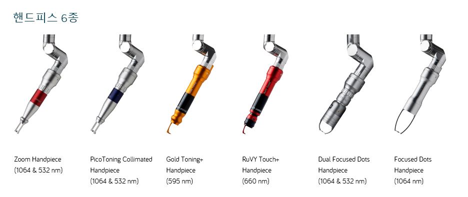 🖼️ [이미지 삽입 구간 3] 이미지 설명: 피코플러스의 다양한 핸드피스 이미지. 줌 핸드피스, DOE 핸드피스 등 다양한 팁 사진을 보여주고, 이를 통해 정교한 맞춤 시술(스팟 치료)이 가능함을 설명.