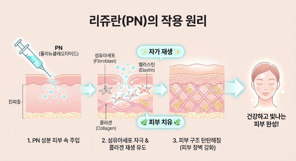 🖼️ [이미지 삽입 구간 2]  이미지 설명: 리쥬란(PN)의 작용 원리 다이어그램. PN 성분이 피부 속에 주입되어 섬유아세포를 자극하고 콜라겐 재생을 유도하여 피부 구조가 탄탄해지는 과정을 시각화. (키워드: 자가 재생, 피부 치유)