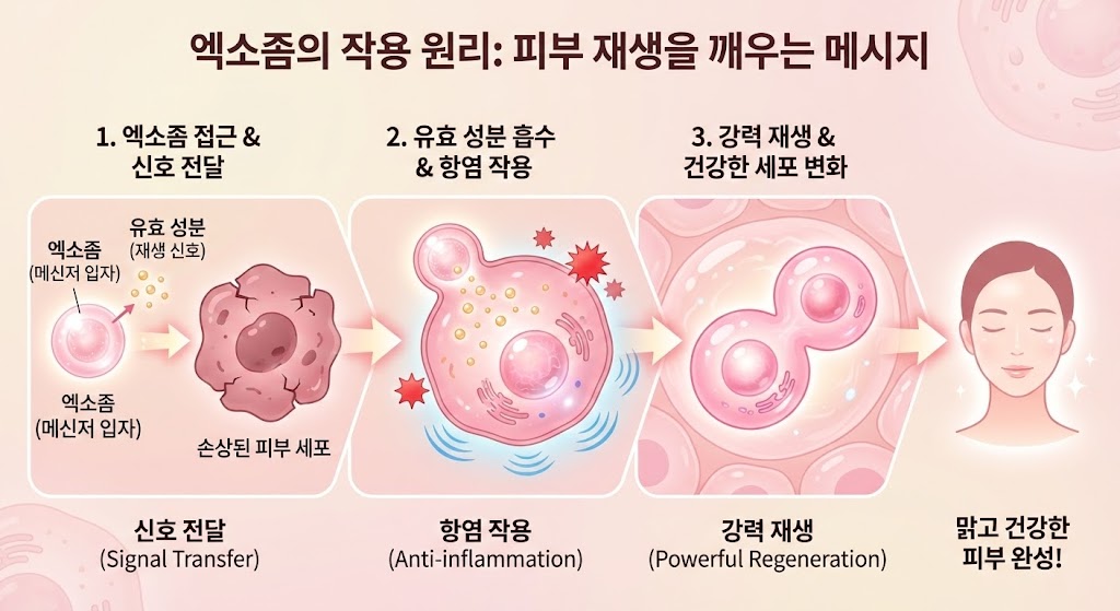 🖼️ [이미지 삽입 구간 3]  이미지 설명: 엑소좀의 작용 원리 다이어그램. 엑소좀(메신저 입자)이 손상된 피부 세포에게 접근하여 유효 성분(재생 신호)을 전달하고, 세포가 건강하게 재생되는 과정을 시각화. (키워드: 신호 전달, 강력 재생, 항염)