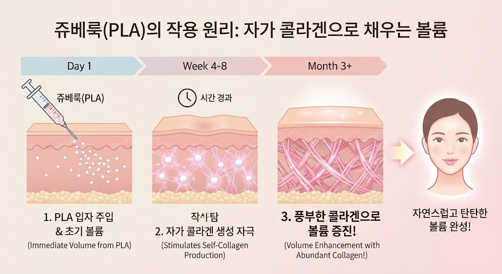 🖼️ [이미지 삽입 구간 4]  이미지 설명: 쥬베룩(PLA)의 작용 원리 다이어그램. PLA 입자가 피부 속에 주입된 후, 시간이 지나면서 주변으로 콜라겐이 풍부하게 생성되어 볼륨이 차오르는 과정을 시각화. (키워드: 자가 콜라겐 생성, 볼륨 증진)