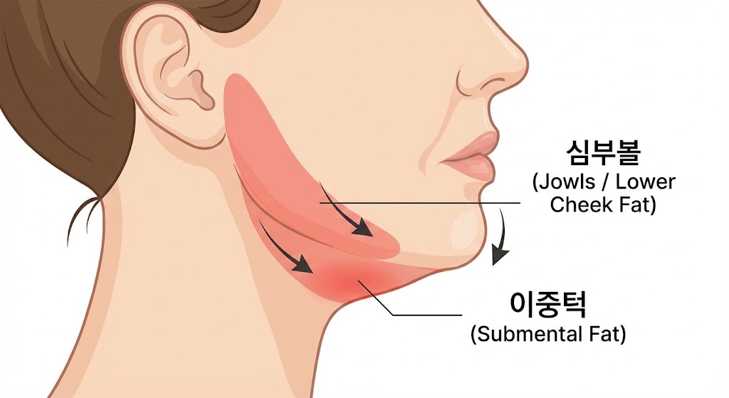 이중턱과 심부볼 위치를 표시한 얼굴 일러스트. 턱 아래(이중턱)와 입꼬리 옆(심부볼/불독살) 부위를 명확하게 구분하여 표시하고, 이 부위들이 처지면서 턱선이 무너지는 모습을 시각화.