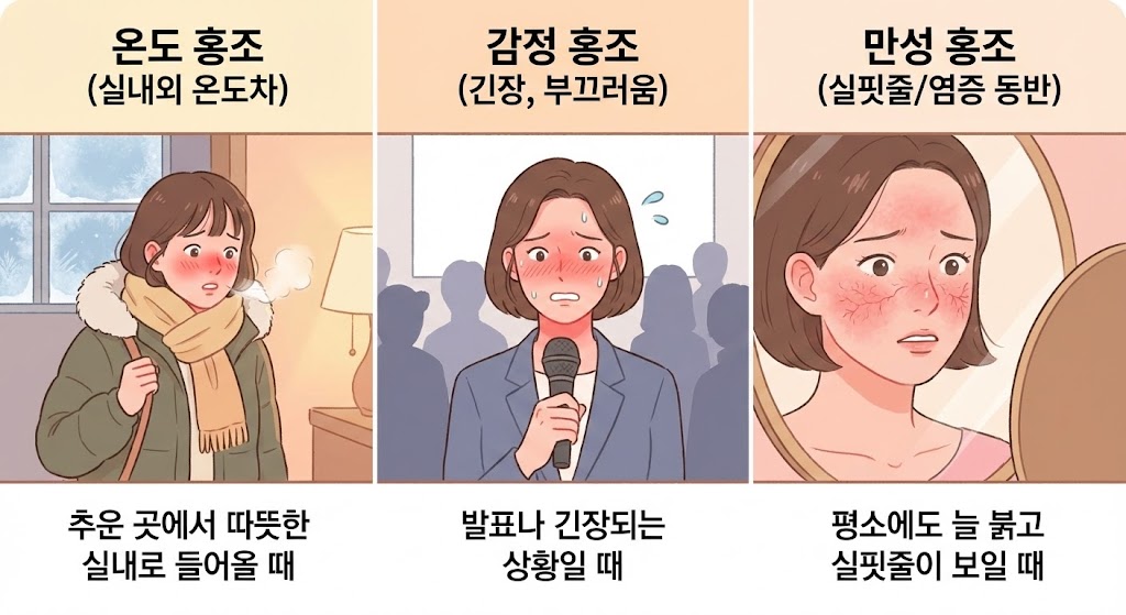 🖼️ [이미지 삽입 구간 1]  이미지 설명: 안면홍조 유형별 예시 이미지. 온도 홍조(추운 곳에서 실내로 들어올 때), 감정 홍조(발표 상황 등), 만성 홍조(실핏줄/염증 동반) 등 각 유형의 특징적인 모습을 보여주는 사진 또는 일러스트.