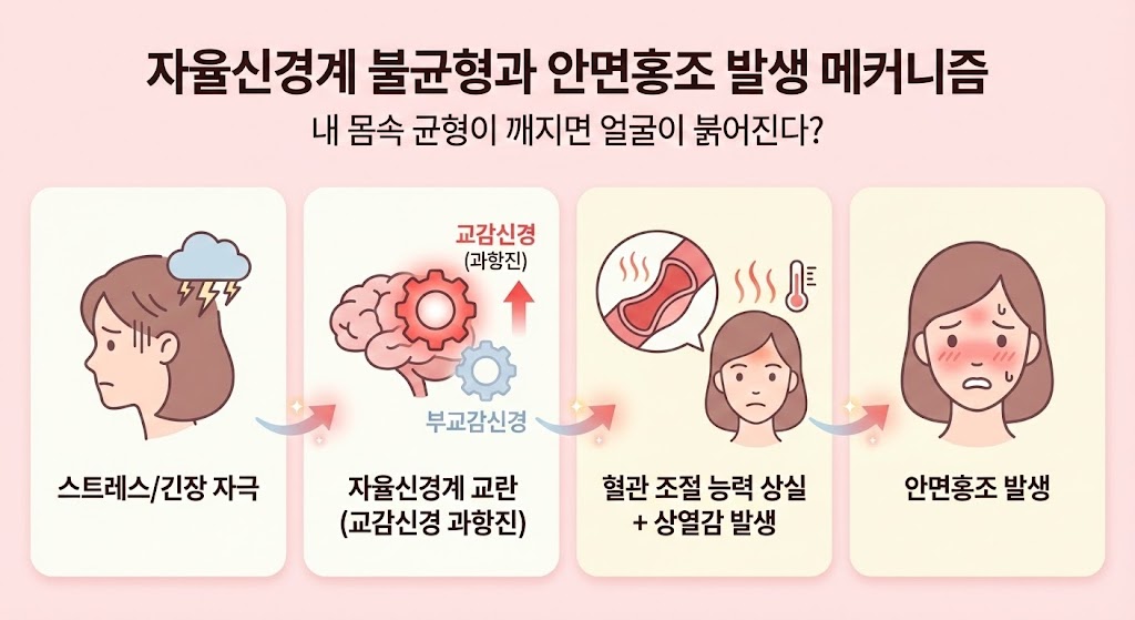🖼️ [이미지 삽입 구간 2]  이미지 설명: 자율신경계 불균형과 안면홍조 발생 메커니즘 다이어그램.  (스트레스/긴장 자극) → (자율신경계 교란: 교감신경 과항진) → (혈관 조절 능력 상실 + 상열감 발생) → (안면홍조 발생). 이 과정을 시각적으로 설명.