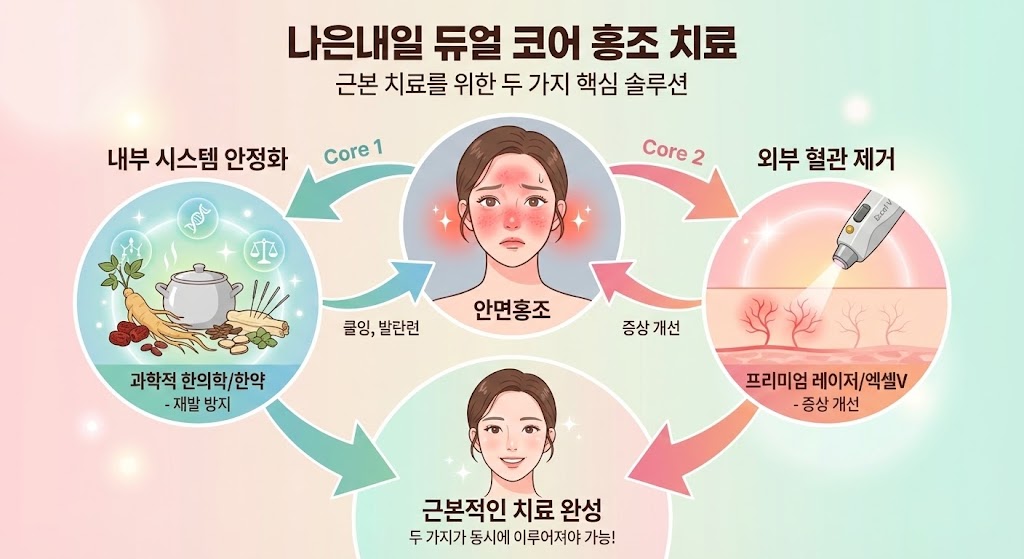 🖼️ [이미지 삽입 구간 3]  이미지 설명: 나은내일 듀얼 코어 홍조 치료 인포그래픽.  (중앙 이미지: 안면홍조)  (좌측 화살표: Core 1 - 내부 시스템 안정화 (과학적 한의학/한약) - 재발 방지)  (우측 화살표: Core 2 - 외부 혈관 제거 (프리미엄 레이저/엑셀V) - 증상 개선)두 가지가 동시에 이루어져야 근본적인 치료가 가능함을 시각화.