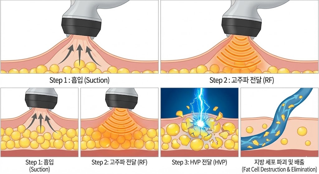 인모드 FX의 3단계 원리 다이어그램. (1) 흡입으로 피부 당김, (2) 고주파 열 전달, (3) HVP로 지방 세포(노란색 알갱이) 파괴 및 림프계를 통한 배출 과정을 순서대로 보여주는 이미지.