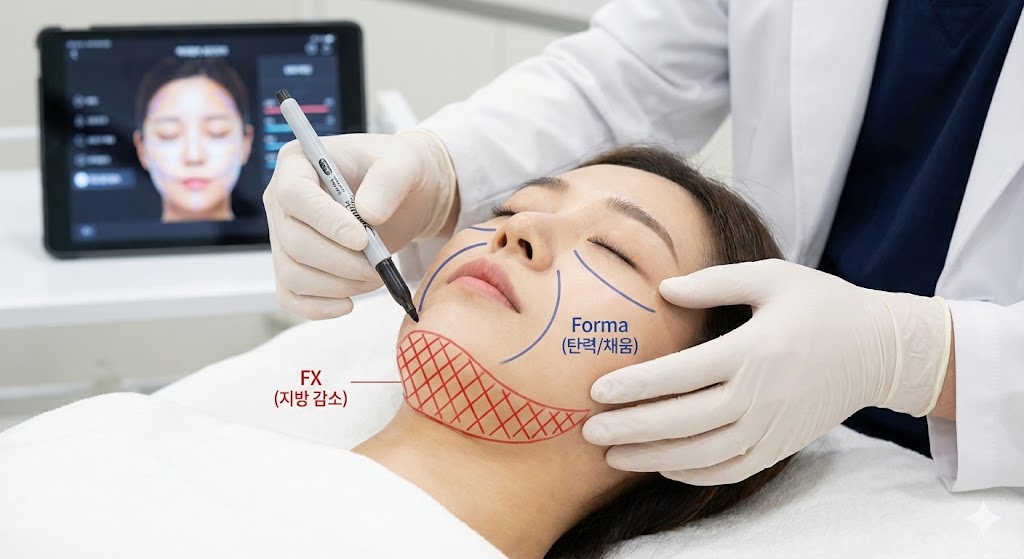 이중턱/심부볼 인모드 디자인 예시. 의사가 환자의 턱 라인을 따라 FX를 적용해야 할 부위를 정교하게 디자인하고 시술하는 모습을 보여주는 이미지 또는 사진. 볼패임 위험 부위는 제외됨을 강조.
