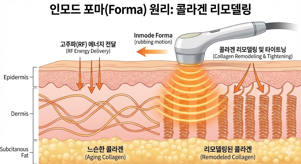 인모드 포마의 원리 다이어그램. 포마 핸드피스가 피부 표면을 문지르며 고주파 에너지가 진피층에 도달하는 모습. 느슨했던 콜라겐(스프링 모양)이 열을 받아 촘촘하고 탄탄하게 재건(리모델링)되는 과정을 시각화.