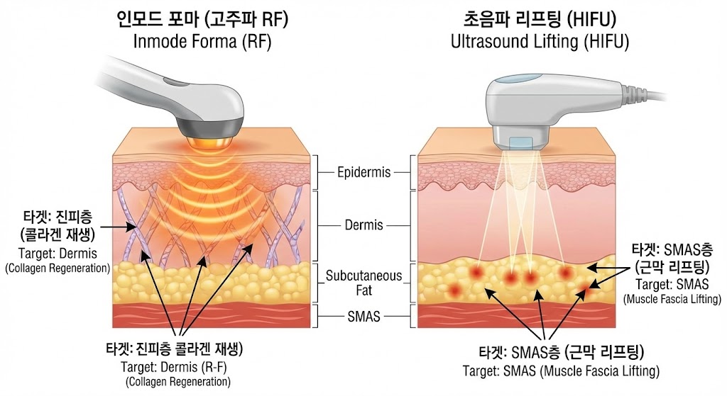 피부층별 리프팅 장비 타겟 비교 이미지. 피부 단면도(표피-진피-지방-SMAS)를 보여주고, 인모드 포마(고주파)는 진피층을, 초음파(HIFU)는 SMAS층을 타겟으로 함을 시각적으로 비교 설명.