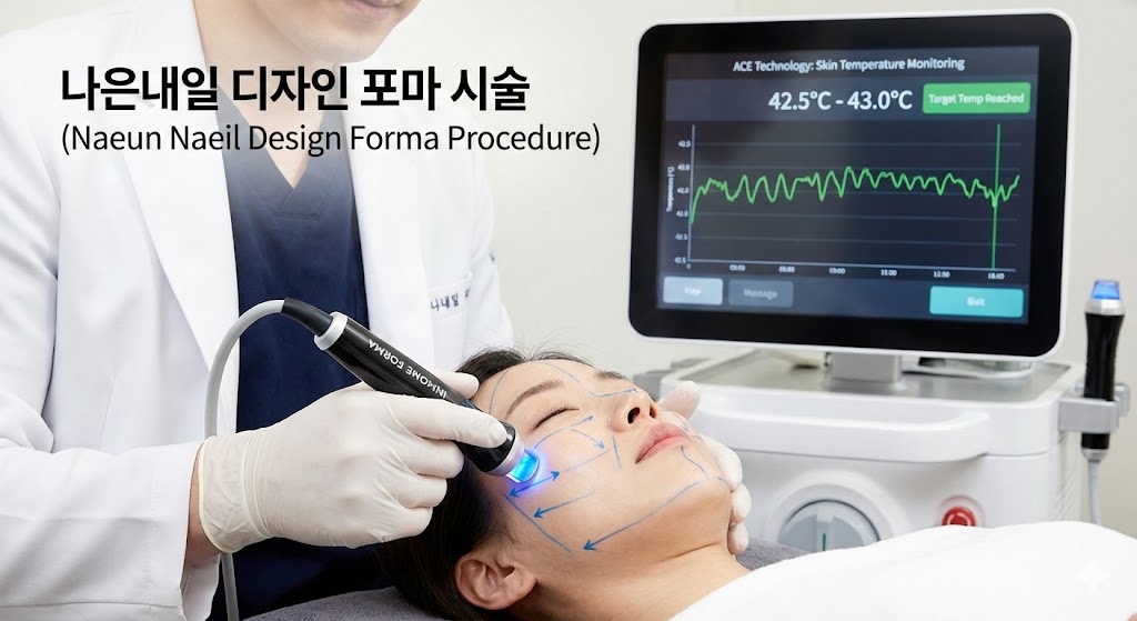 나은내일 디자인 포마 시술 모습. 의사가 환자의 얼굴형과 피부 처짐 방향을 고려하여 포마 핸드피스를 정교하게 움직이며 시술하는 모습(사진 또는 일러스트). 실시간 온도 모니터링 화면(ACE 기술)을 함께 보여주어 안전성과 전문성을 강조.