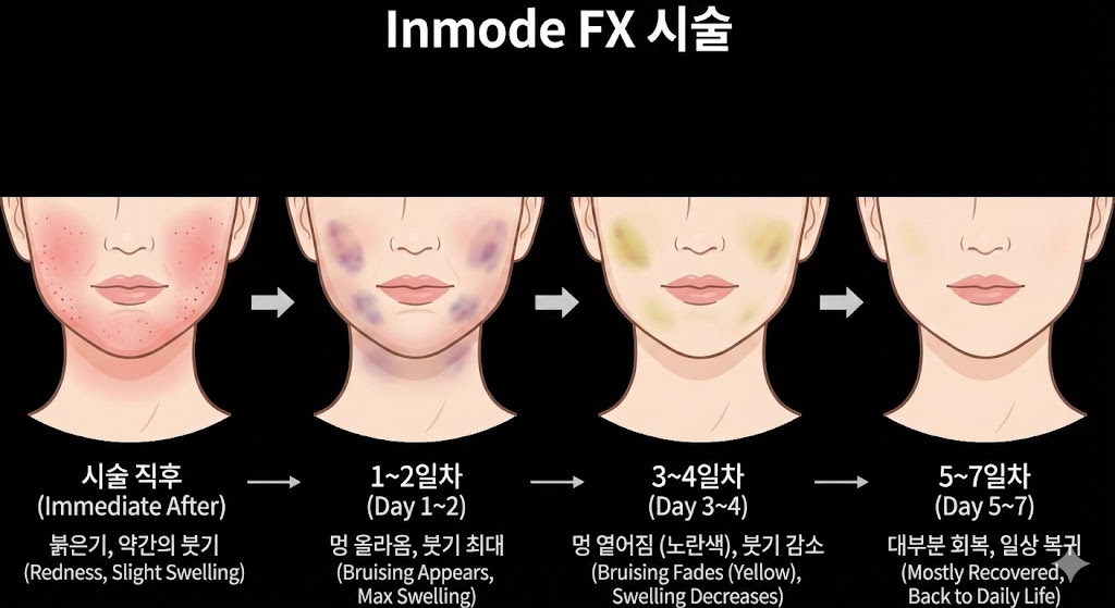 인모드 FX 시술 후 일반적인 다운타임 경과 이미지. 시술 직후(붉은기/약간의 붓기), 시술 1~2일차(멍이 올라옴), 시술 5~7일차(멍이 옅어짐) 등 시간 경과에 따른 회복 과정을 보여주는 예시 이미지 또는 일러스트. (과도하게 심각한 사진보다는 일반적인 수준의 예시 사용)