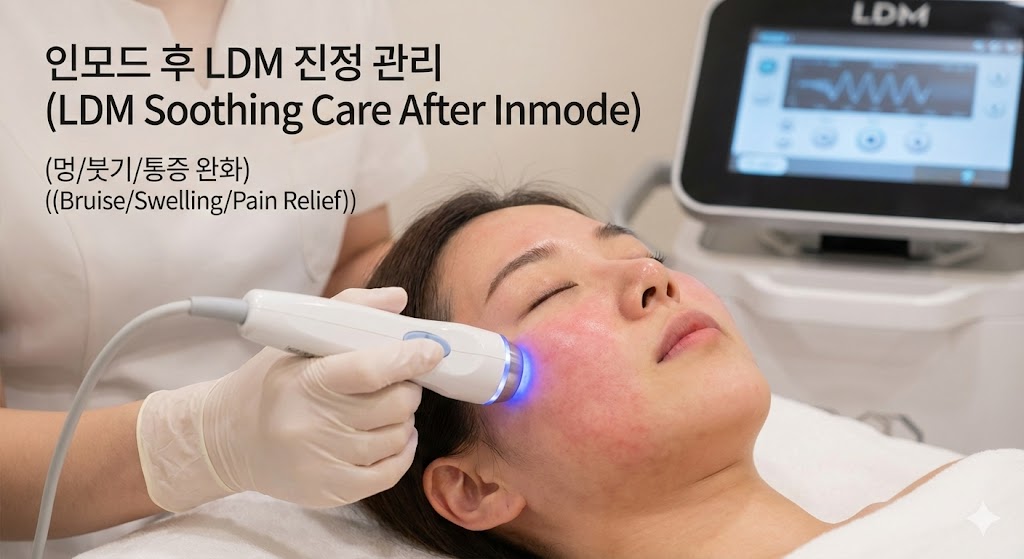 인모드 시술 후 LDM 관리 모습. 인모드로 인해 붉어진 피부에 LDM 핸드피스를 부드럽게 적용하여 진정시키는 모습(사진 또는 일러스트). 편안하고 안정적인 느낌을 강조.
