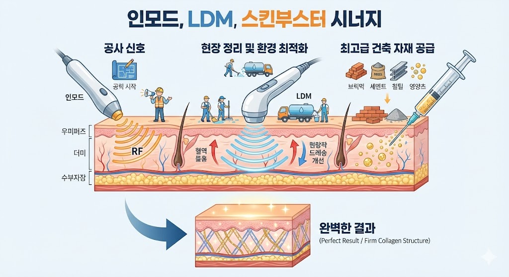 이미지 설명: 인모드 시너지 원리 비유 인포그래픽.  인모드 = 공사 신호(자극)  LDM = 현장 정리 및 환경 최적화(순환/진정)  스킨부스터 = 최고급 건축 자재 공급(영양/성장인자)이 세 가지가 합쳐져야 완벽한 결과(탄탄한 콜라겐 건물)가 완성됨을 시각화.