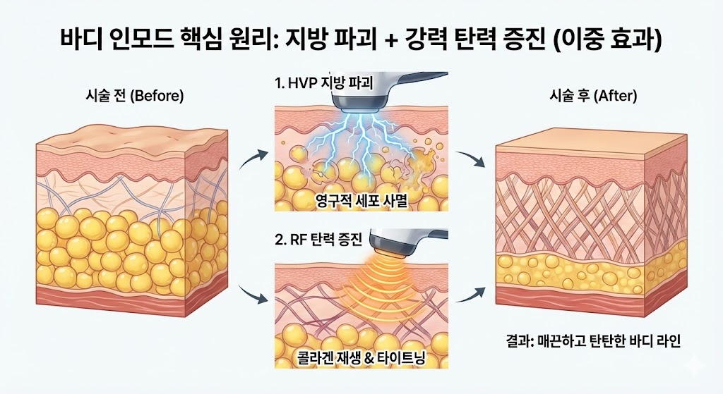 바디 인모드의 이중 효과 다이어그램.  (1) HVP가 피하지방층의 지방 세포를 파괴하는 모습.  (2) 고주파(RF)가 진피층의 콜라겐을 탄탄하게 재건하는 모습.  결과적으로 지방층은 얇아지고 피부는 탄탄해짐을 시각화.