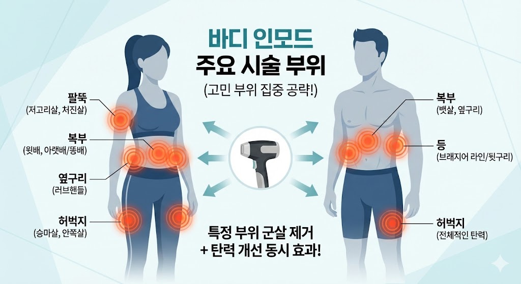 바디 인모드 주요 시술 부위 인포그래픽. 인체 실루엣 이미지에 복부, 팔뚝, 옆구리, 허벅지 등 바디 인모드가 효과적인 부위를 표시하여 시각적으로 설명.