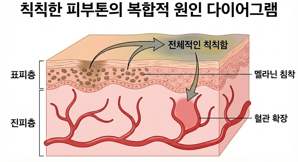 이미지 설명: 칙칙한 피부톤의 복합적인 원인 다이어그램. 피부 단면도를 보여주고, 표피층의 멜라닌 색소(갈색 점)와 진피층의 확장된 혈관(붉은색 실선)이 합쳐져 전체적으로 칙칙해 보이는 원리를 시각화.