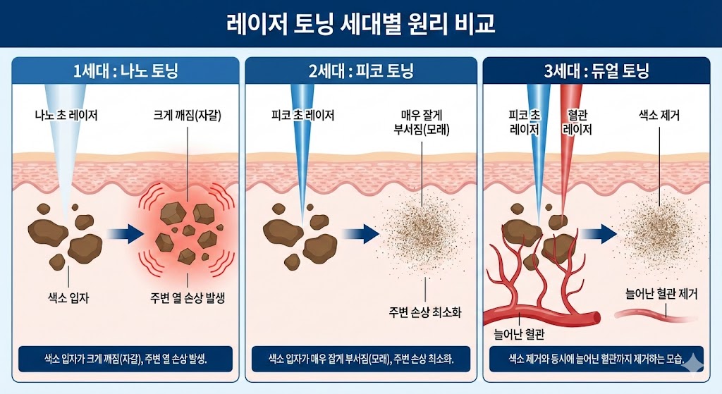 이미지 설명: 레이저 토닝 세대별 원리 비교 다이어그램.  (1세대 나노 토닝): 색소 입자가 크게 깨짐(자갈), 주변 열 손상 발생.  (2세대 피코 토닝): 색소 입자가 매우 잘게 부서짐(모래), 주변 손상 최소화.  (3세대 듀얼 토닝): 색소 제거와 동시에 늘어난 혈관까지 제거하는 모습.