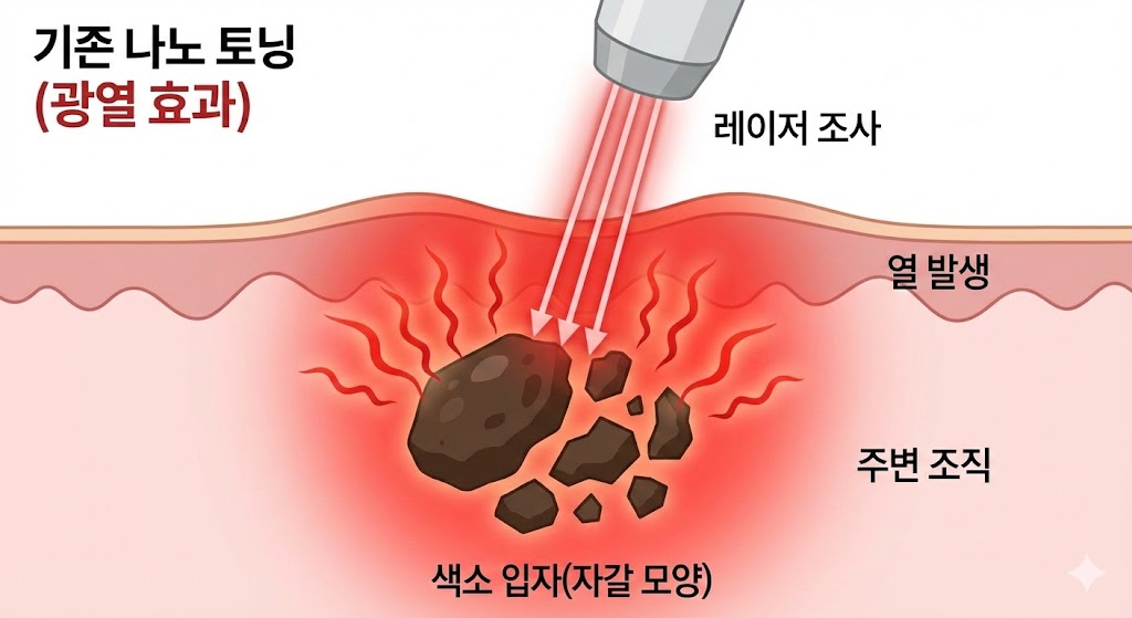 이미지 설명: 기존 나노 토닝(광열 효과) 원리 다이어그램. 레이저가 색소 입자에 조사될 때 열이 발생하며 주변 조직까지 붉게 달아오르는 모습. 색소 입자는 비교적 크게 깨짐(자갈 모양).