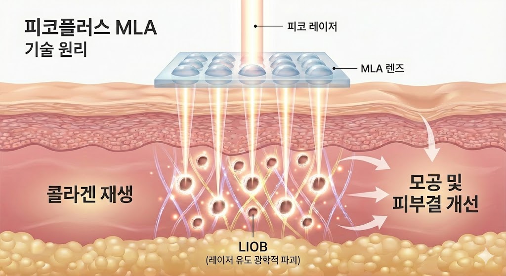 이미지 설명: 피코플러스 MLA 기술 원리. 피코 레이저가 MLA 렌즈를 통과하여 피부 속(진피층)에 미세한 공간(LIOB)을 만드는 모습. 이를 통해 콜라겐이 재생되어 모공과 피부결이 개선됨을 시각화.