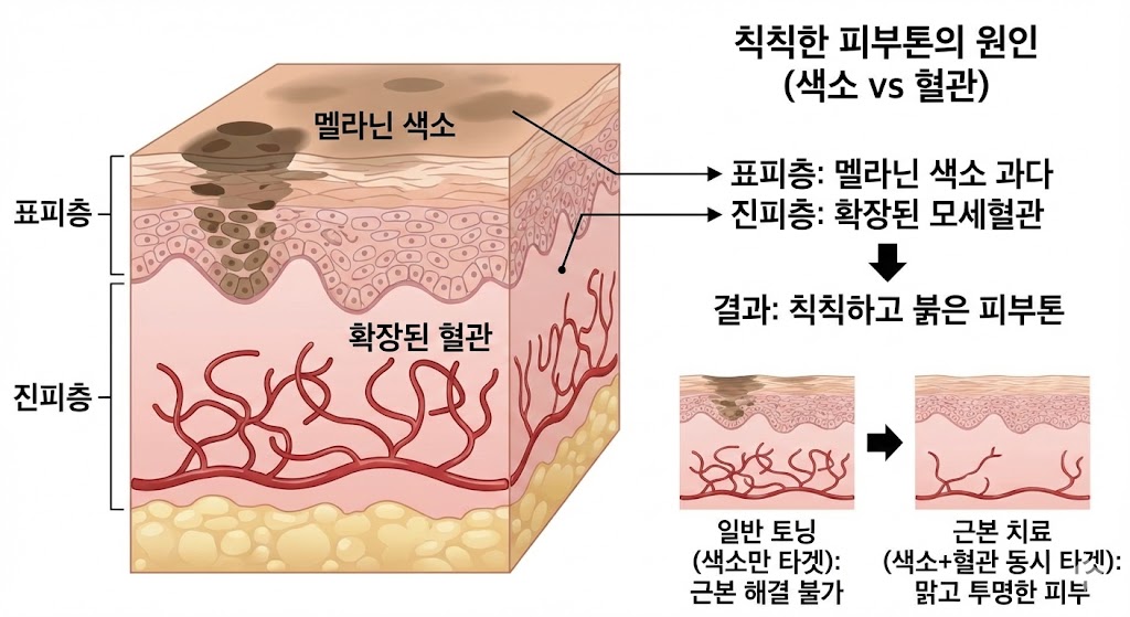 이미지 설명: 칙칙한 피부톤의 원인 다이어그램 (색소 vs 혈관). 피부 단면도를 보여주고, 표피층의 멜라닌 색소(갈색 점)와 진피층의 확장된 혈관(붉은색 실선)이 합쳐져 전체적으로 칙칙해 보이는 원리를 시각화. 일반 토닝은 색소만 제거하지만, 근본 치료는 둘 다 필요함을 강조.