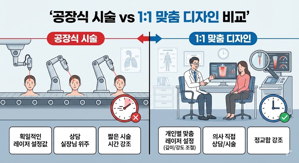 이미지 설명: 공장식 시술 vs 1:1 맞춤 디자인 비교 인포그래픽.  (공장식): 획일적인 레이저 설정값, 상담 실장님 위주, 짧은 시술 시간 강조.  (1:1 디자인): 개인별 맞춤 레이저 설정(깊이/강도 조절), 의사 직접 상담/시술, 정교함 강조.