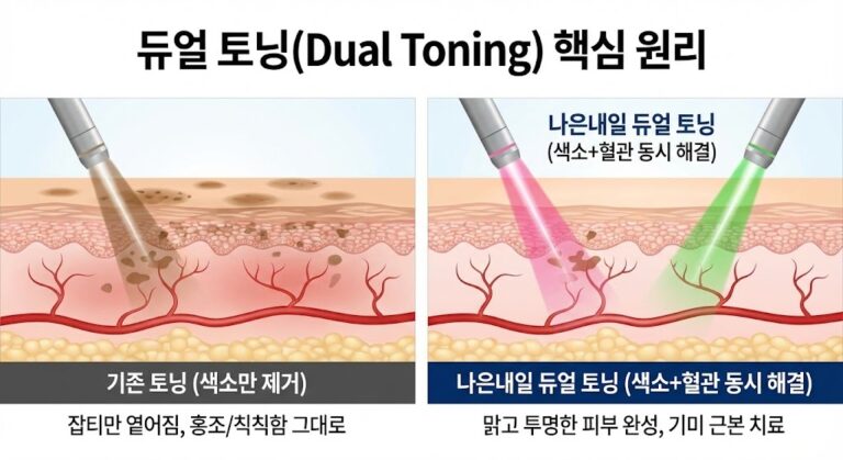 송도 듀얼토닝이란? 색소(갈색)와 혈관(붉은색)을 동시에 잡아야 하는 이유 (피코+엑셀V)