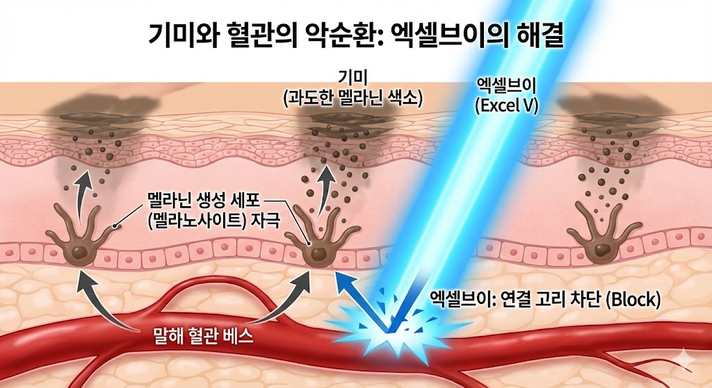 이미지 설명: 기미와 혈관의 관계 다이어그램. 피부 속 확장된 혈관이 멜라닌 생성 세포(멜라노사이트)를 자극하여 기미(멜라닌 색소)가 과도하게 생성되는 과정을 시각화. 엑셀브이가 이 연결 고리를 끊는 역할을 함을 강조.