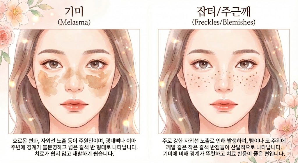 이미지 설명: 기미와 잡티/주근깨 비교 사진 또는 일러스트.  (좌측) 기미: 광대 주변에 넓게 퍼져있고 경계가 불분명한 모습.  (우측) 잡티/주근깨: 작고 동그란 반점들이 산발적으로 퍼져있는 모습.