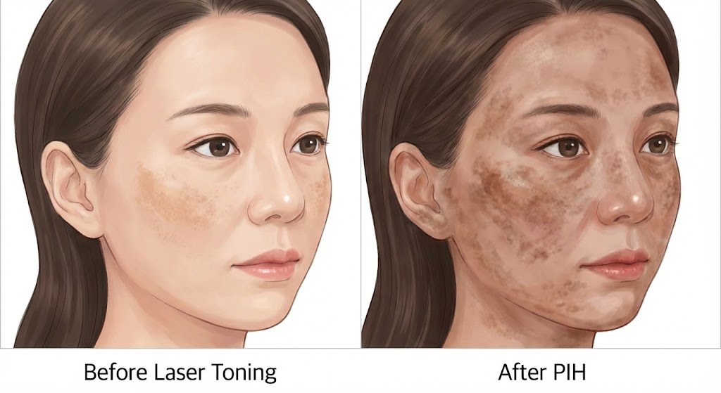 이미지 설명: 레이저 토닝 후 발생한 과색소침착(PIH) 예시 이미지. 시술 전보다 기미나 잡티 부위가 더 짙어지거나 얼룩덜룩해진 모습을 보여주는 일러스트 또는 사진.