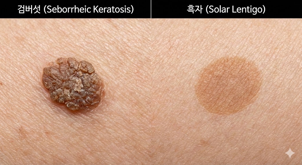 🖼️ [이미지 삽입 구간 1] 이미지 설명: 검버섯과 흑자의 외형 비교 사진 또는 일러스트.  (검버섯): 약간 튀어나와 있고 표면이 거친 모습 강조.  (흑자): 편평하고 매끈하며 경계가 뚜렷한 모습 강조.