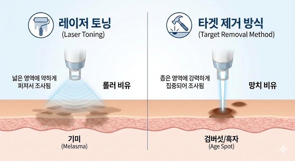 🖼️ [이미지 삽입 구간 2] 이미지 설명: 레이저 토닝과 타겟 제거 방식 비교 다이어그램.  (토닝 방식 - 롤러 비유): 레이저가 넓은 영역에 약하게 퍼져서 조사됨 (기미에 적합).  (타겟 제거 방식 - 망치 비유): 레이저가 좁은 영역(검버섯/흑자)에 강력하게 집중되어 조사됨.
