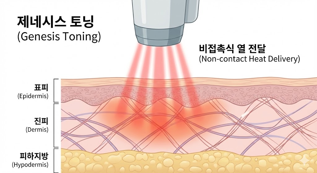 이미지 설명: 제네시스 토닝 시술 방식 다이어그램. 레이저 핸드피스가 피부 표면에 직접 닿지 않고(비접촉식) 일정 거리를 두고 레이저를 조사하는 모습. 레이저 에너지가 진피층 상부에 부드럽게 열을 전달하는 과정을 시각화.