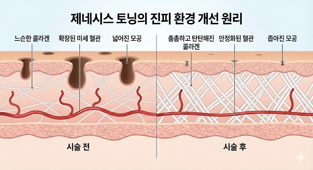 🖼️ [이미지 삽입 구간 2]  이미지 설명: 제네시스 토닝의 진피 환경 개선 원리.  (시술 전): 느슨한 콜라겐, 확장된 미세 혈관, 넓어진 모공 상태의 진피층 모습.  (시술 후): 촘촘하고 탄탄해진 콜라겐, 안정화된 혈관, 좁아진 모공 상태의 건강한 진피층 모습.