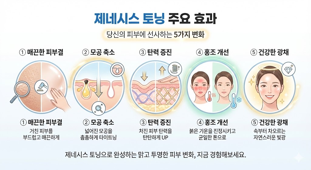🖼️ [이미지 삽입 구간 3]  이미지 설명: 제네시스 토닝 주요 효과 인포그래픽. (1) 매끈한 피부결, (2) 모공 축소, (3) 탄력 증진, (4) 홍조 개선, (5) 건강한 광채 등 5가지 핵심 효과를 아이콘과 함께 시각적으로 요약.