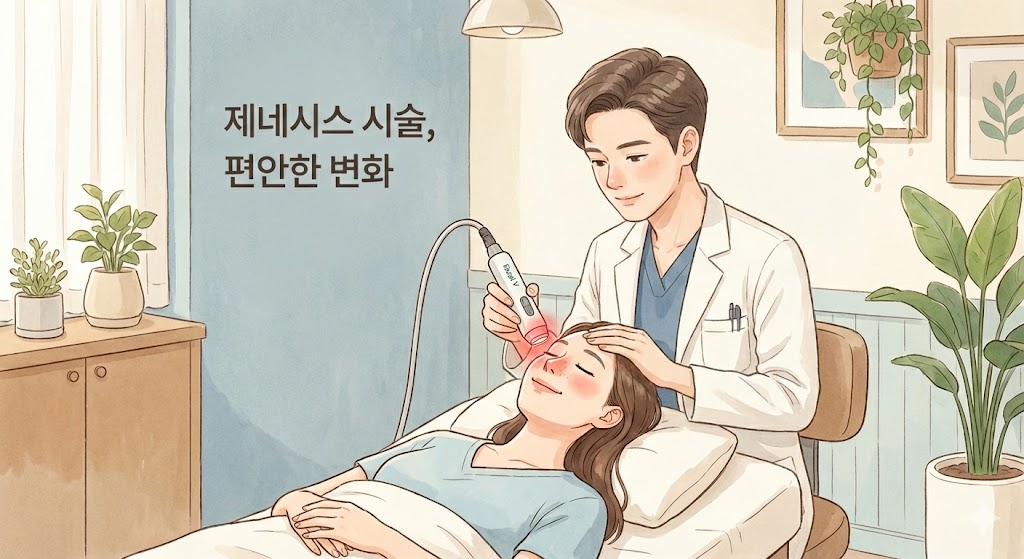 이미지 설명: 나은내일 디자인 제네시스 시술 모습. 의사가 환자의 피부 고민 부위(예: 나비존 모공)에 맞춰 엑셀브이 핸드피스를 정교하게 움직이며 시술하는 모습(사진 또는 일러스트). 편안하고 안정적인 분위기를 강조.