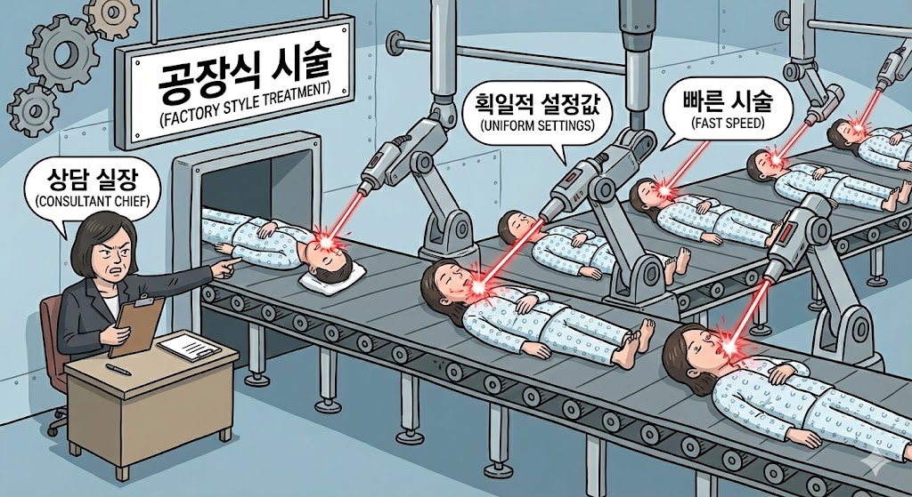 이미지 설명: 공장식 시술의 특징을 풍자하는 인포그래픽. 컨베이어 벨트 위에 환자들이 누워있고, 획일적인 방식으로 빠르게 레이저가 조사되는 모습을 시각화. (키워드: 상담 실장 위주, 획일적 설정값, 빠른 시술)