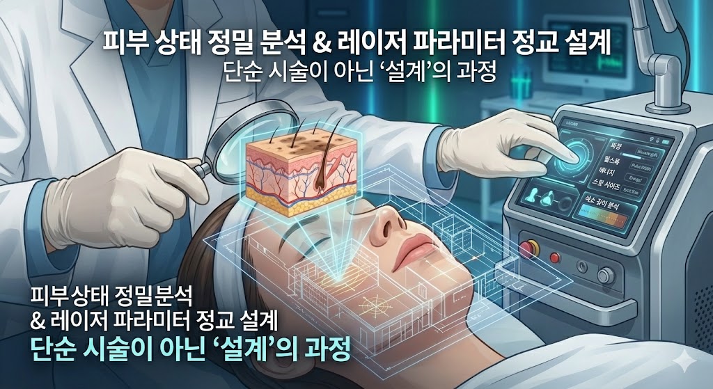 이미지 설명: 의사의 디자인(숙련도)의 중요성 강조 이미지. 의사가 환자의 피부 상태(색소 깊이, 민감도 등)를 분석하여 레이저 파라미터를 정교하게 조절하는 모습을 시각화. (단순 시술이 아닌 '설계'의 과정임을 강조)