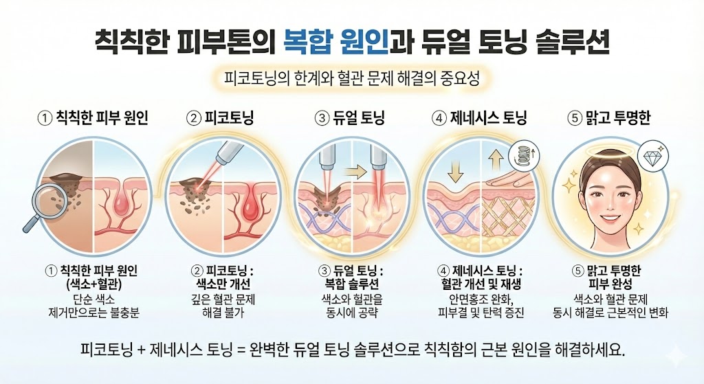 이미지 설명: 칙칙한 피부톤의 복합 원인(색소+혈관) 다이어그램. 피코토닝만으로는 부족하며, 혈관 문제까지 해결하는 듀얼 토닝이 필요함을 시각화하여 설명.