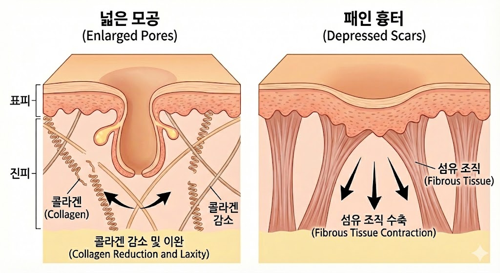 🖼️ [이미지 삽입 구간 1]  이미지 설명: 넓은 모공과 패인 흉터의 발생 원인 다이어그램.  (넓은 모공): 진피층의 콜라겐(스프링 모양)이 감소하고 느슨해져 모공 벽이 늘어난 모습.  (패인 흉터): 염증 후 섬유 조직이 아래로 당겨져 피부가 꺼진 모습.