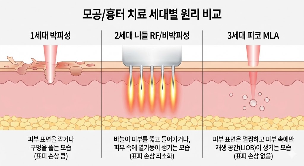 🖼️ [이미지 삽입 구간 2]  이미지 설명: 모공/흉터 치료 세대별 원리 비교 다이어그램.  (1세대 박피성): 피부 표면을 깎거나 구멍을 뚫는 모습 (표피 손상 큼).  (2세대 니들 RF/비박피성): 바늘이 피부를 뚫고 들어가거나, 피부 속에 열기둥이 생기는 모습.  (3세대 피코 MLA): 피부 표면은 멀쩡하고 피부 속에만 재생 공간(LIOB)이 생기는 모습 (표피 손상 없음).