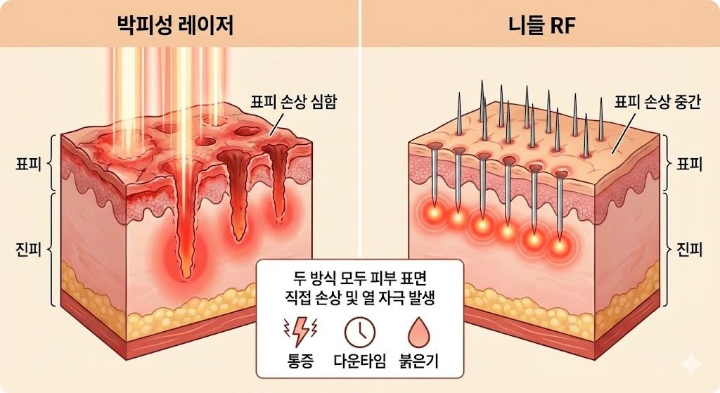 🖼️ [이미지 삽입 구간 1]  이미지 설명: 기존 프락셀(박피성/니들RF)의 원리 다이어그램.  (박피성): 레이저가 피부 표피층을 깎아내거나 구멍을 뚫는 모습 (표피 손상 심함).  (니들 RF): 바늘이 피부를 뚫고 들어가 고주파를 방출하는 모습 (표피 손상 중간).두 방식 모두 피부 표면에 직접적인 손상과 열 자극이 발생함을 시각화.