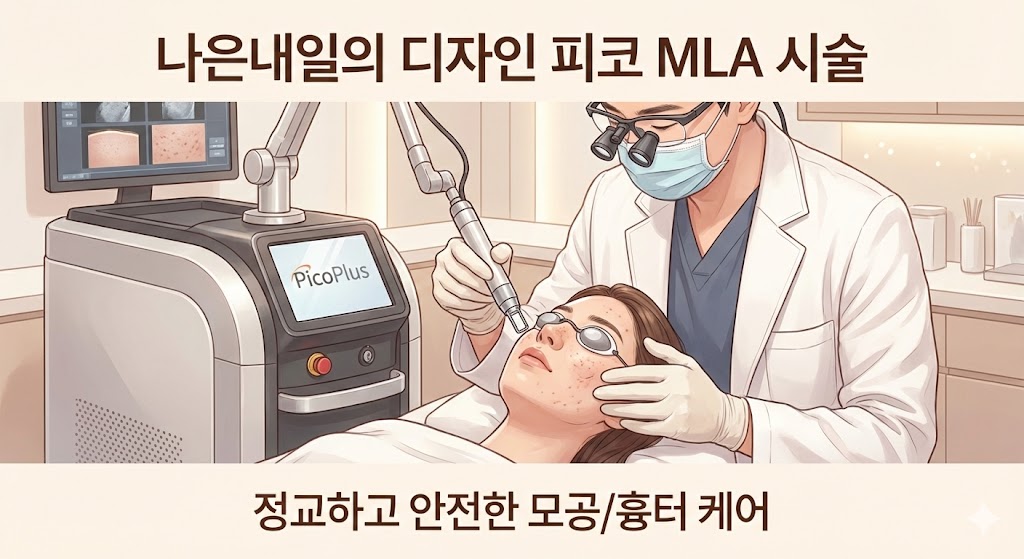 이미지 설명: 나은내일의 디자인 피코 MLA 시술 모습. 의사가 피코플러스 장비를 사용하여 환자의 고민 부위(모공/흉터)에 맞춰 정교하게 시술하는 모습(사진 또는 일러스트). 전문성과 안전성을 강조.
