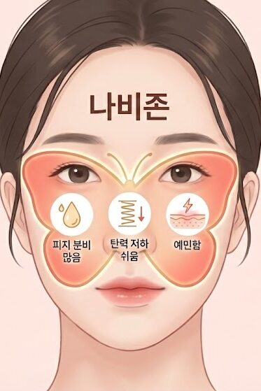 이미지 설명: 나비존 위치 및 특징 일러스트. 얼굴 이미지에 코와 앞볼 영역을 나비 모양으로 표시하고, 해당 부위의 특징(피지 분비 많음, 탄력 저하 쉬움, 예민함)을 아이콘과 함께 시각적으로 설명.