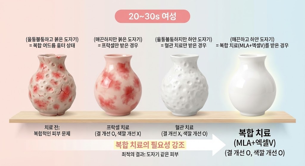🖼️ [이미지 삽입 구간 2]  이미지 설명: 복합 치료의 필요성 강조 인포그래픽 (도자기 비유).  (울퉁불퉁하고 붉은 도자기) = 복합 여드름 흉터 상태.  (매끈하지만 붉은 도자기) = 프락셀만 받은 경우 (결 개선 O, 색깔 개선 X).  (울퉁불퉁하지만 하얀 도자기) = 혈관 치료만 받은 경우 (결 개선 X, 색깔 개선 O).  (매끈하고 하얀 도자기) = 복합 치료(MLA+엑셀V)를 받은 경우 (결 개선 O, 색깔 개선 O).