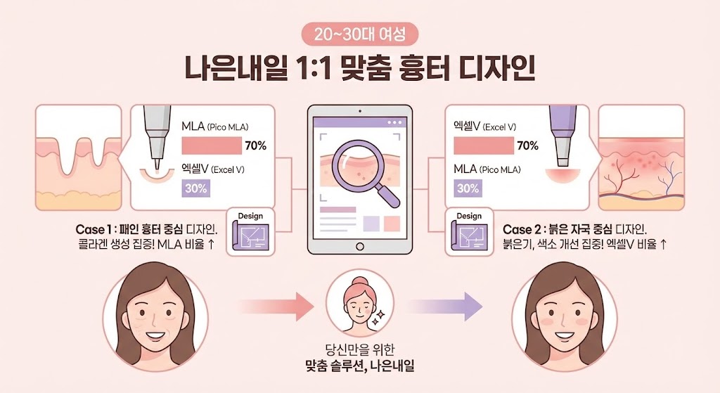 🖼️ [이미지 삽입 구간 5]  이미지 설명: 나은내일의 1:1 맞춤 흉터 디자인 인포그래픽. 의사가 환자의 흉터 상태를 분석하여 MLA와 엑셀V의 비율을 맞춤 설계하는 과정을 시각화. (Case 1: 패인 흉터 중심 디자인, Case 2: 붉은 자국 중심 디자인 등 예시 포함)