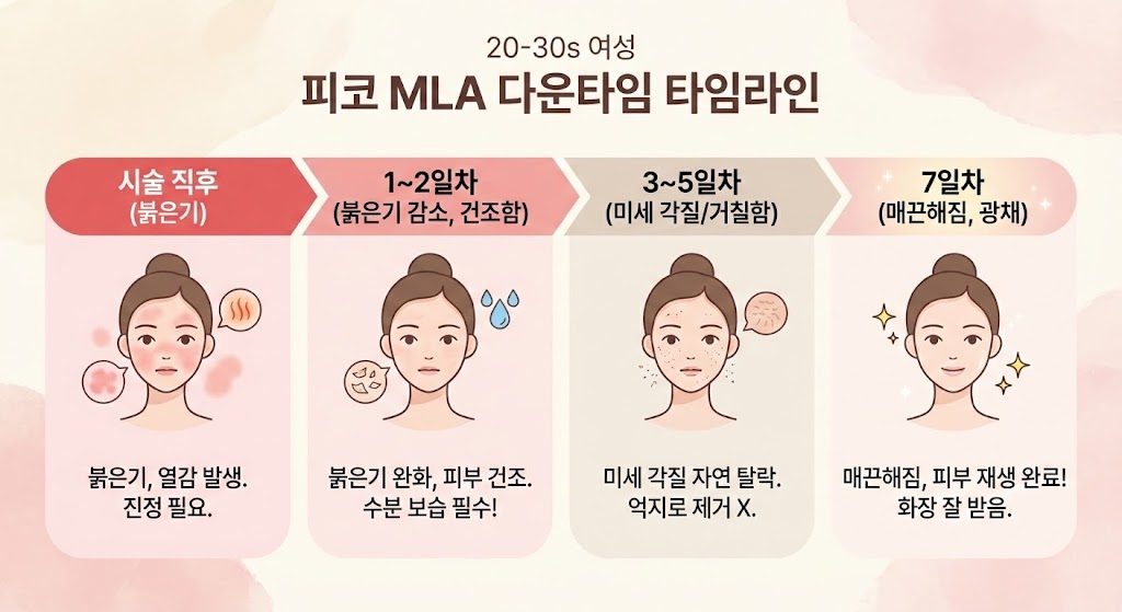 🖼️ [이미지 삽입 구간 2]  이미지 설명: 피코 MLA 다운타임 타임라인 인포그래픽. 시술 직후(붉은기) -> 1~2일차(붉은기 감소, 건조함) -> 3~5일차(미세 각질/거칠함) -> 7일차(매끈해짐) 등 시간 경과에 따른 피부 상태 변화를 시각적으로 요약하여 설명.