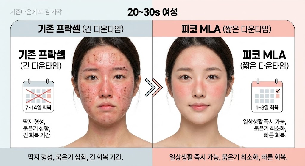🖼️ [이미지 삽입 구간 3]  이미지 설명: 기존 프락셀 vs 피코 MLA 다운타임 비교 이미지.  (기존 프락셀 시술 후): 얼굴 전체에 격자무늬 딱지와 심한 붉은기가 있는 모습.  (피코 MLA 시술 후): 얼굴 전체에 약간의 붉은기만 있는 모습.두 방식의 다운타임 차이를 시각적으로 명확하게 대비하여 보여줌.