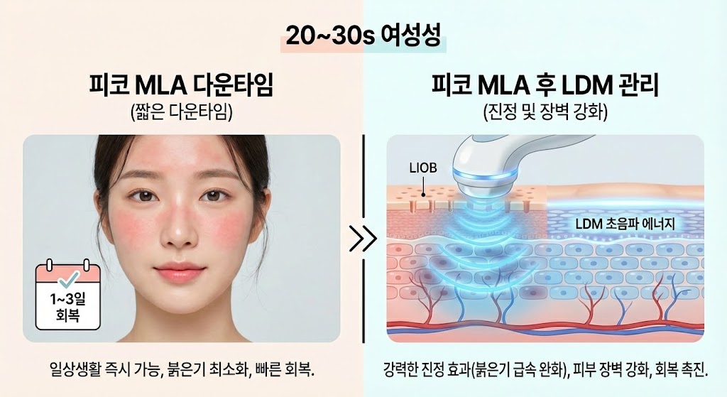 🖼️ [이미지 삽입 구간 4]  이미지 설명: 피코 MLA 후 LDM 관리의 중요성. 피코 MLA로 자극받은 피부에 LDM 초음파가 적용되어 빠르게 진정되고(붉은기 완화), 피부 장벽이 강화되는 과정을 시각화.
