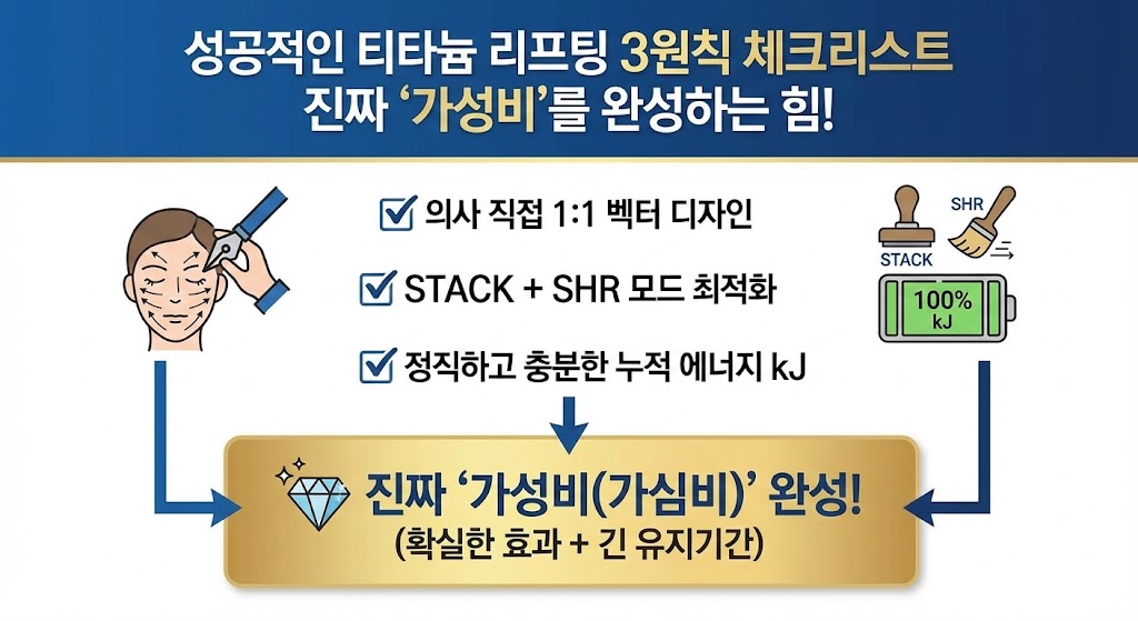 의사 직접 1:1 벡터 디자인 (디자인 펜 아이콘)  STACK + SHR 모드 최적화 (도장 아이콘)  정직하고 충분한 누적 에너지 kJ (배터리 100% 충전 아이콘) 이 세 가지가 합쳐져야 진짜 '가성비(가심비)'가 완성됨을 강조.