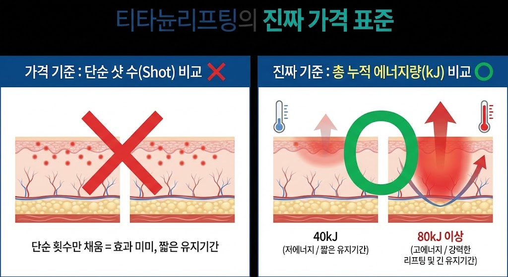 이미지 설명: 티타늄 리프팅 가격의 진짜 기준 인포그래픽.  (X) '단순 샷 수(Shot) 비교'에 X표.  (O) '총 누적 에너지량(kJ) 비교'에 동그라미. 저에너지(40kJ / 짧은 유지기간) vs 고에너지(80kJ 이상 / 강력한 리프팅 및 긴 유지기간)의 열 축적량 차이를 보여주는 피부 단면도 시각화.