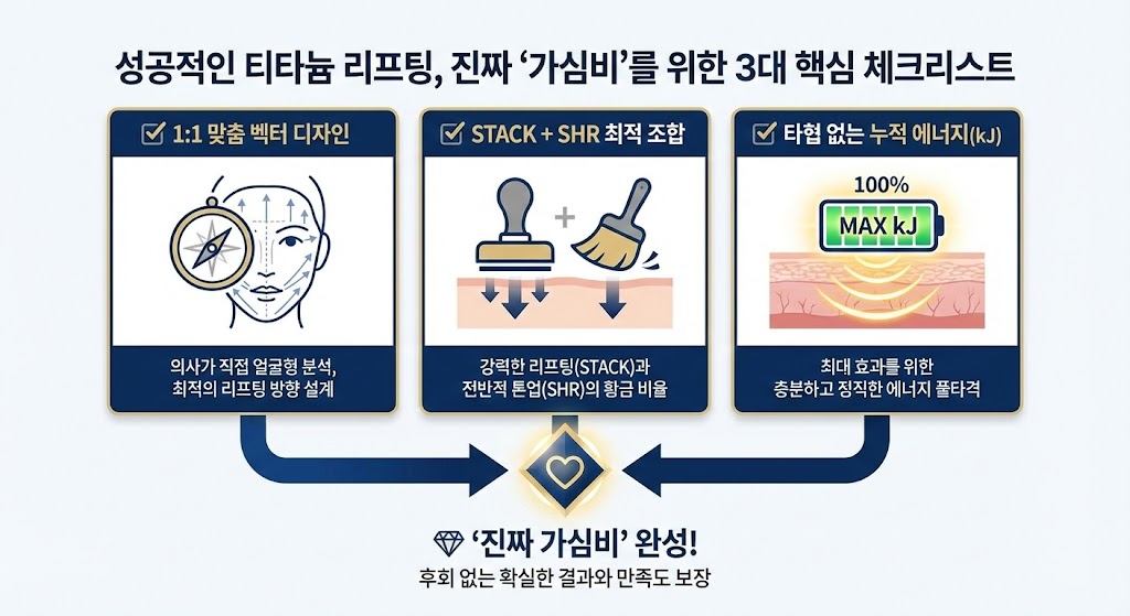 이미지 설명: 성공적인 티타늄 리프팅을 위한 3대 핵심 체크리스트.  의사의 1:1 맞춤 벡터 디자인 (나침반/설계도 아이콘)  STACK(도장) + SHR(문지르기) 최적의 비율 조합 (도장 아이콘)  타협 없는 충분한 누적 에너지(kJ) 풀타격 (배터리 완충 아이콘) 이 세 가지가 진짜 '가심비'를 결정함을 시각적으로 강조.